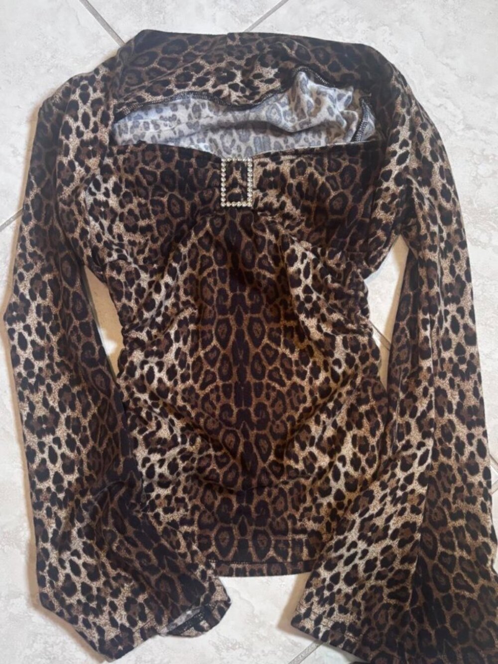 Brown Leopard Print Square Neck Rhinestone Buckle Ruched Long Sleeve Top